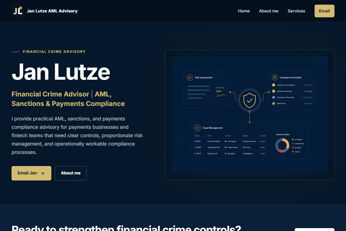 Jan Lutze AML Advisory homepage, with a navy background and gold lettering
